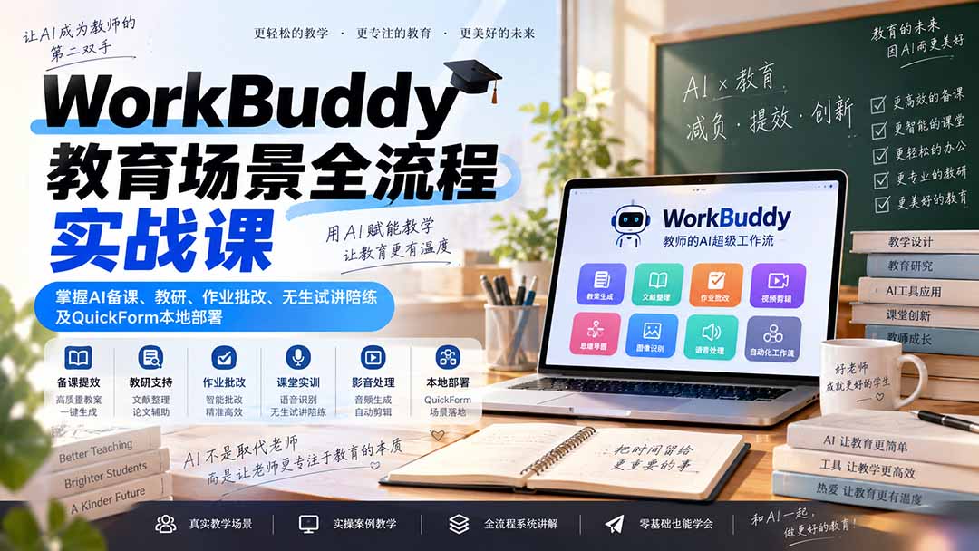 WorkBuddy教育场景全流程实战课：掌握AI备课、教研、作业批改、无生试讲陪练及QuickForm本地部署-87副业网 - 互联网副业项目资源分享平台