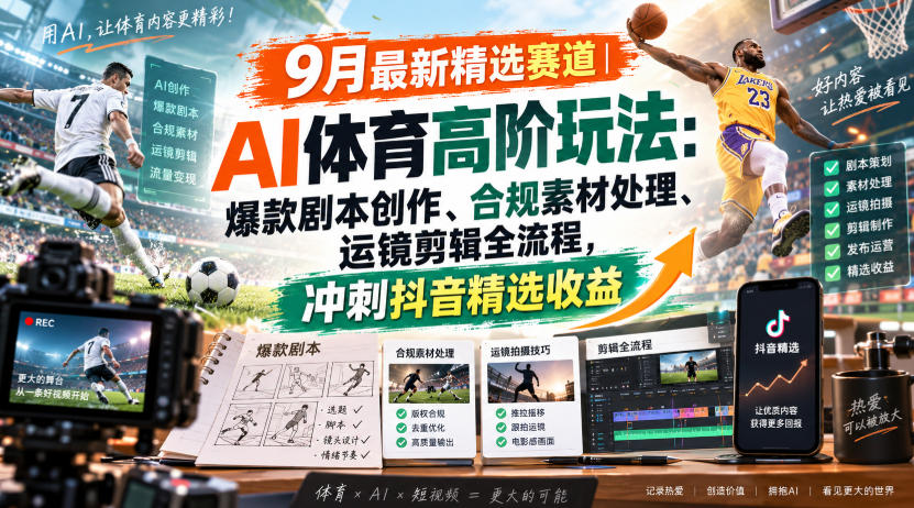 某大佬的9月最新精选赛道之AI体育顶级玩法,爆款剧本创作、版权规避、运镜剪辑全流程,稳拿抖音精选收益-87副业网 - 互联网副业项目资源分享平台