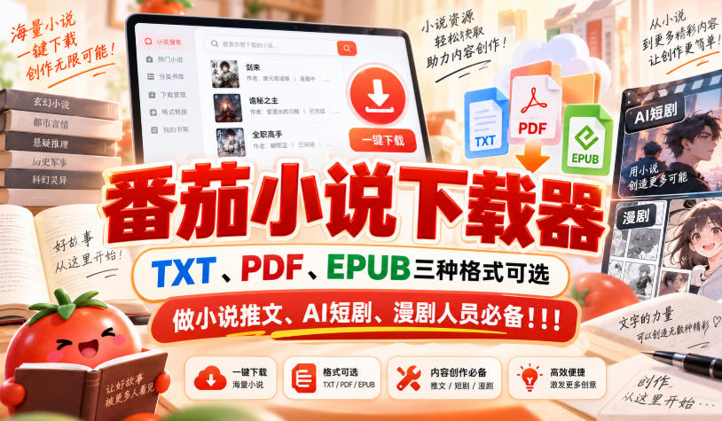 番茄小说下载器,TXT、PDF、EPUB三种格式可选,做小说推文、AI短剧、漫剧人员必备!!!-87副业网 - 互联网副业项目资源分享平台