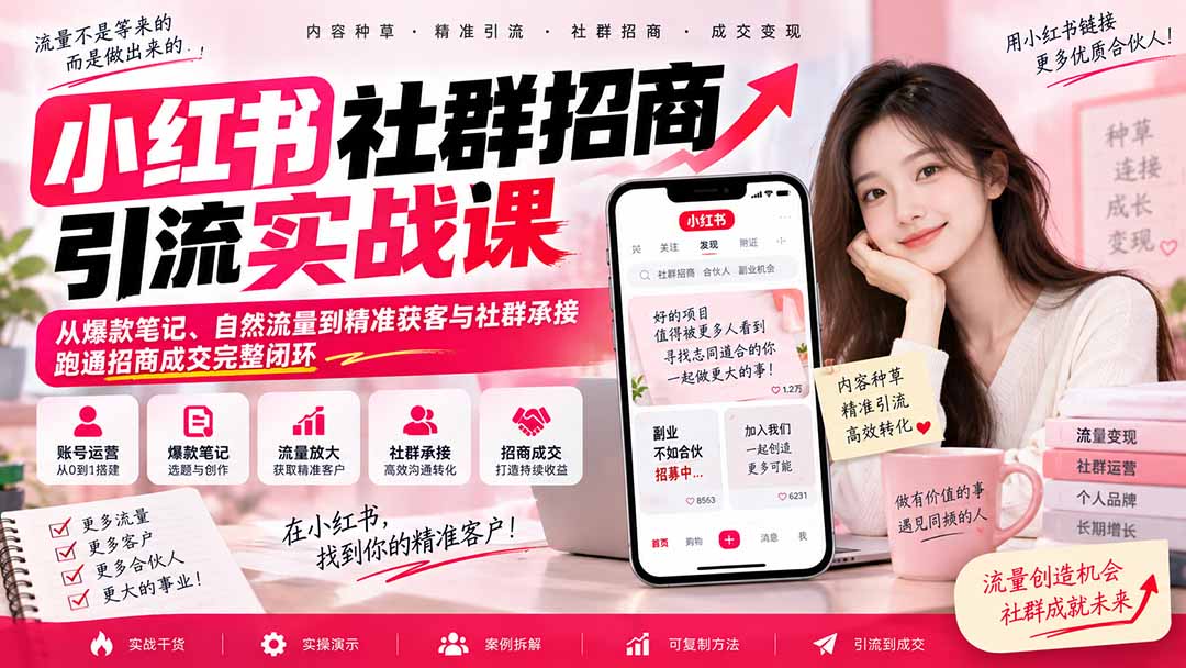 小红书社群招商引流实战课-无水印：从爆款笔记、自然流量到精准获客与社群承接，跑通招商成交完整闭环-87副业网 - 互联网副业项目资源分享平台