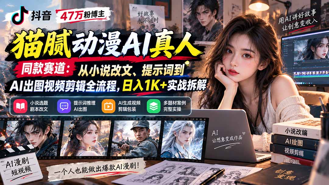 抖音47万粉博主猫腻动漫AI真人同款赛道：从小说改文、提示词到AI出图视频剪辑全流程，日入1K+实战拆解-87副业网 - 互联网副业项目资源分享平台