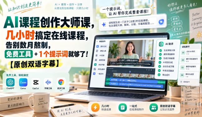 AI课程创作大师课，几小时搞定在线课程，告别数月熬制，免费工具+1个提示词就够了！【原创双语字幕】-87副业网 - 互联网副业项目资源分享平台