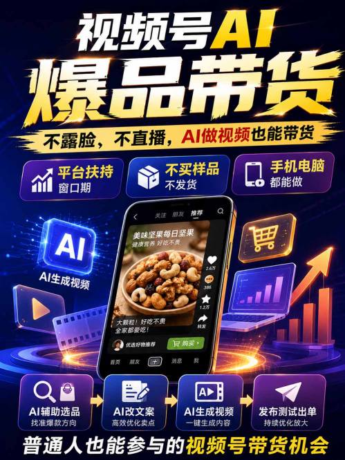 视频号Ai爆品带货，不露脸、不直播、不买样品、不开店、不发货，AI做视频也能带货，轻松单日佣金1k+