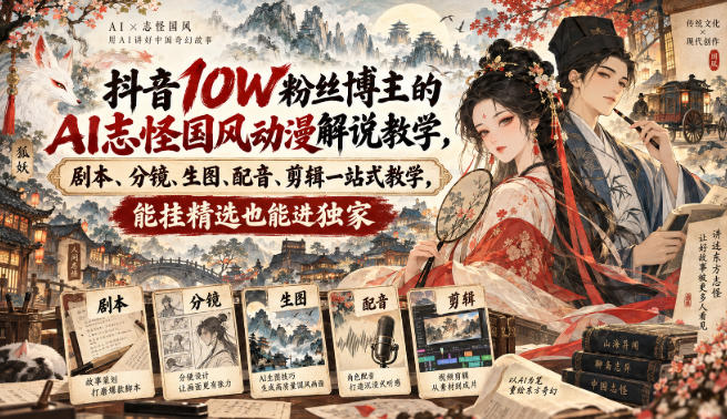 抖音10W粉丝博主满堂诡事的AI志怪国风动漫解说教学,剧本、分镜、生图、配音、剪辑一站式教学,能挂精选也能进独家-87副业网 - 互联网副业项目资源分享平台