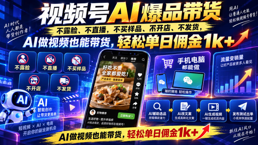 视频号Ai爆品带货,不露脸、不直播、不买样品、不开店、不发货,AI做视频也能带货,轻松单日佣金1k+-87副业网 - 互联网副业项目资源分享平台
