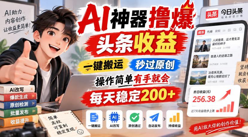 AI神器撸爆头条收益,一键搬运,秒过原创,操作简单有手就会,每天稳定200+【揭秘】-87副业网 - 互联网副业项目资源分享平台