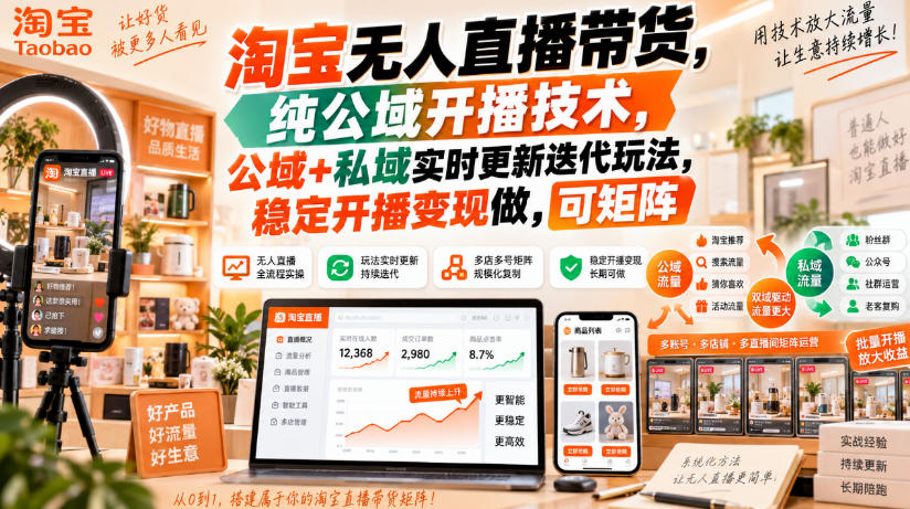 淘宝无人直播带货,纯公域开播技术,公域+私域实时更新迭代玩法,稳定开播变现做,可矩阵【揭秘】-87副业网 - 互联网副业项目资源分享平台