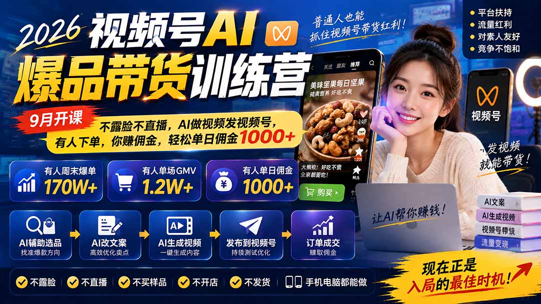 图片[1]-2026视频号AI爆品带货训练营-9月开课｜不露脸不直播，AI做视频发视频号，有人下单，你赚佣金，轻松单日佣金1000+ - 87副业网