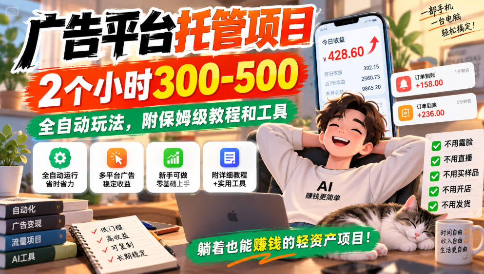 广告平台托管项目，2个小时300-500，全自动玩法，附保姆级教程和工具，小白照着就能做【揭秘】-87副业网 - 互联网副业项目资源分享平台