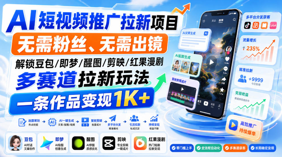 AI短视频推广拉新项目，无需粉丝、无需出镜，解锁豆包/即梦/醒图/剪映/红果漫剧多赛道拉新玩法，一条作品变现1K+(更新0918)-87副业网 - 互联网副业项目资源分享平台