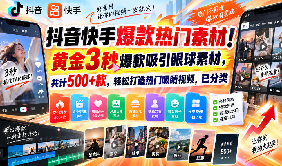 抖音快手爆款热门素材！黄金3秒爆款吸引眼球素材，共计500+款，轻松打造热门吸睛视频，已分类-87副业网 - 互联网副业项目资源分享平台