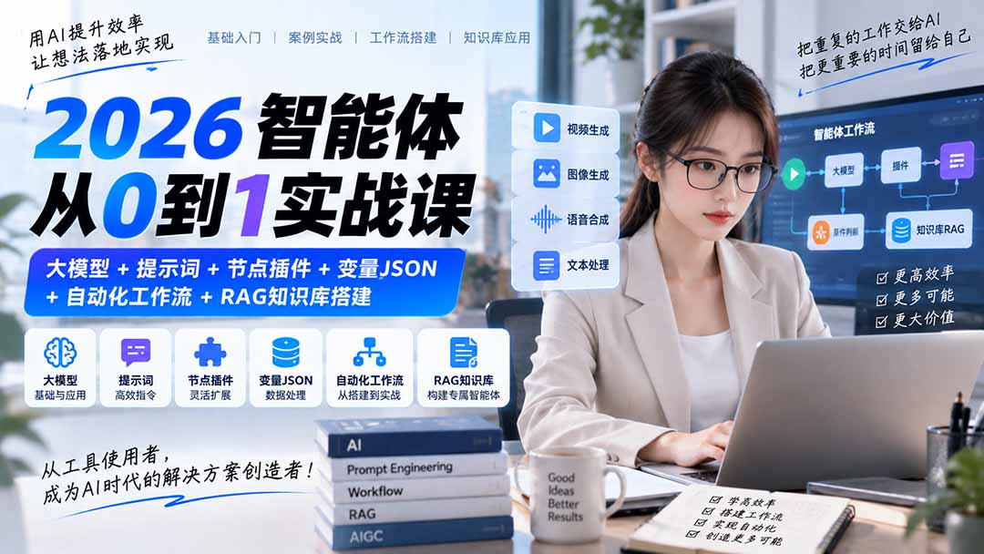 2026智能体从0到1实战课｜大模型+提示词+节点插件+变量JSON+自动化工作流+RAG知识库搭建-87副业网 - 互联网副业项目资源分享平台