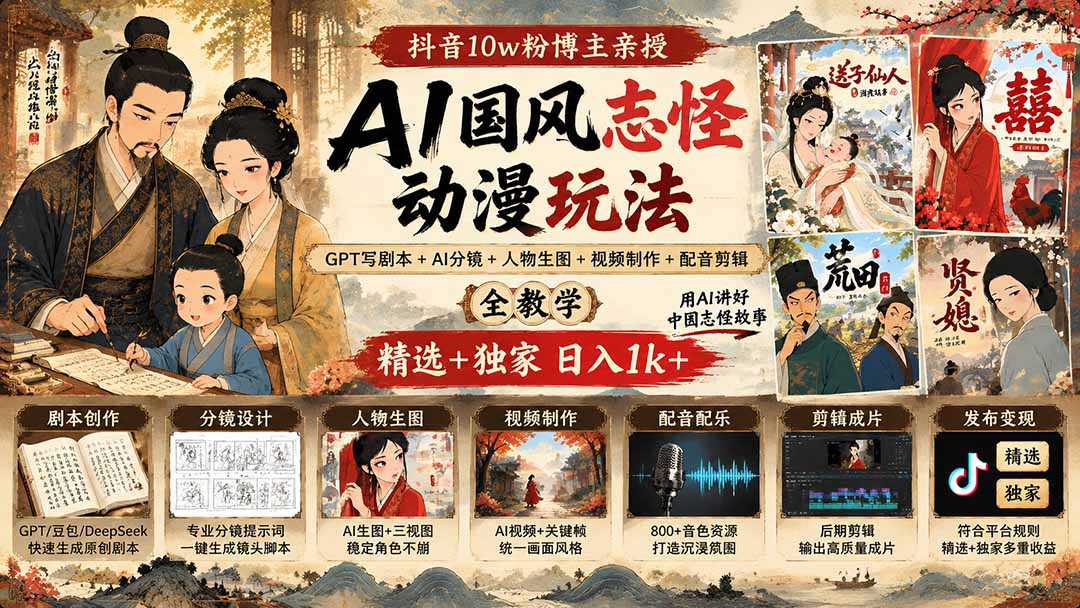 抖音10w粉博主亲授AI国风志怪动漫玩法｜GPT写剧本+AI分镜+人物生图+视频制作+配音剪辑全教学｜精选+独家日入1k+-87副业网 - 互联网副业项目资源分享平台