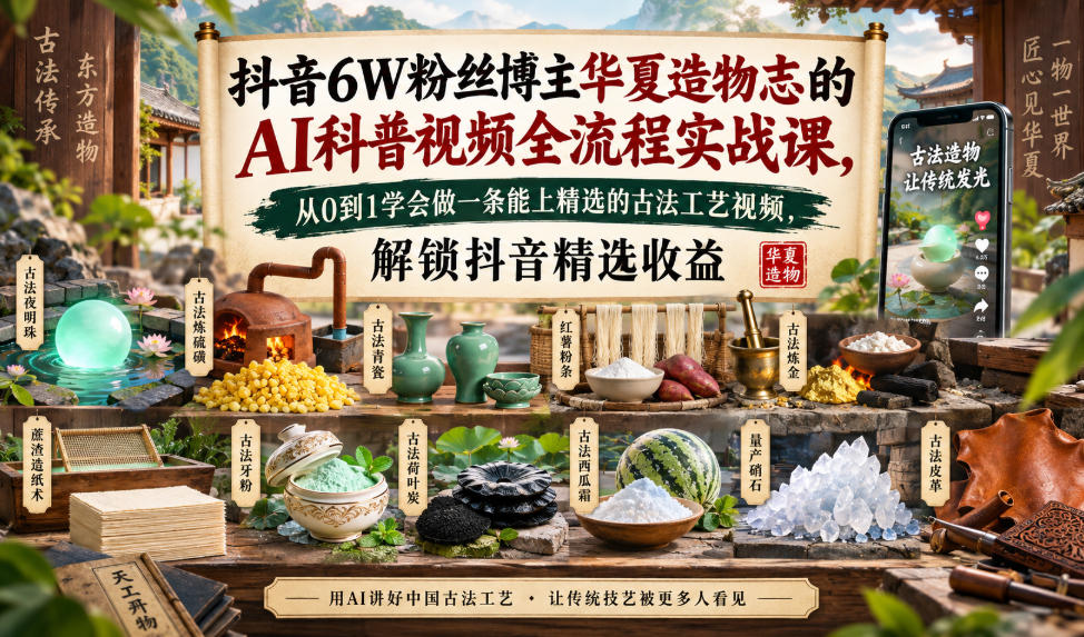 抖音6W粉丝博主华夏造物志的AI科普视频全流程实战课，从0到1学会做一条能上精选的古法工艺视频，解锁抖音精选收益-87副业网 - 互联网副业项目资源分享平台