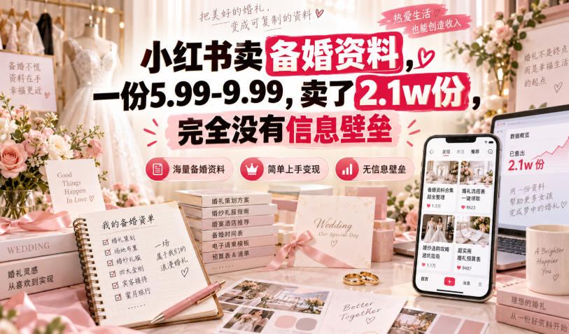 小红书卖备婚资料，一份5.99-9.99，卖了2.1w份，完全没有信息壁垒-87副业网 - 互联网副业项目资源分享平台