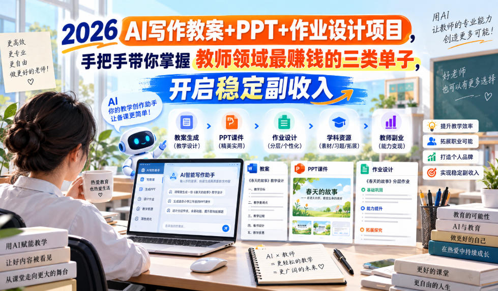 2026 AI写作教案+PPT+作业设计项目，手把手带你掌握教师领域最賺钱的三类单子，开启稳定副收入-87副业网 - 互联网副业项目资源分享平台