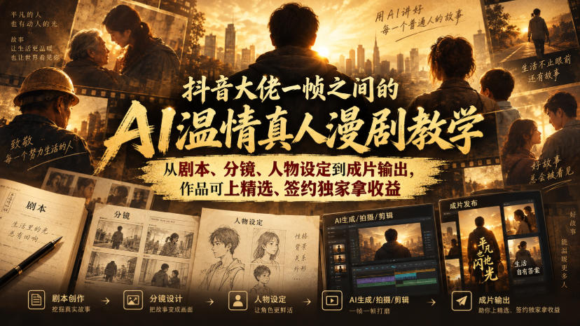 抖音大佬一帧之间的AI温情真人漫剧教学，从剧本、分镜、人物设定到成片输出，作品可上精选、签约独家拿收益-87副业网 - 互联网副业项目资源分享平台