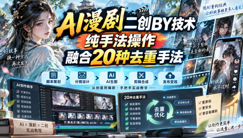 AI漫剧二创搬运技术，纯手法操作，融合20种去重手法-87副业网 - 互联网副业项目资源分享平台