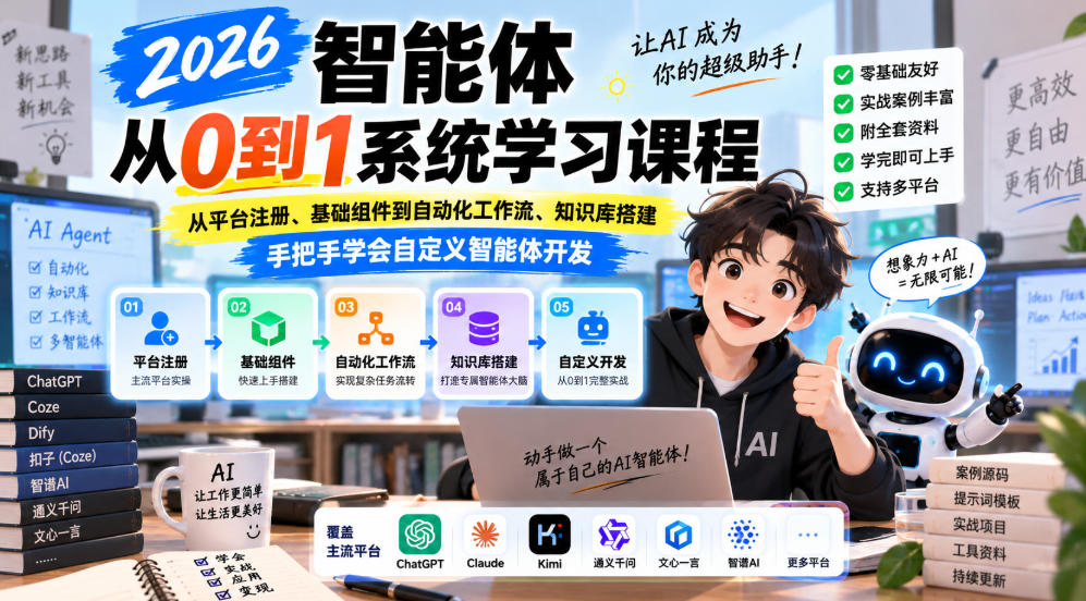 2026智能体从0到1系统学习课程，从平台注册、基础组件到自动化工作流、知识库搭建，手把手学会自定义智能体开发-87副业网 - 互联网副业项目资源分享平台