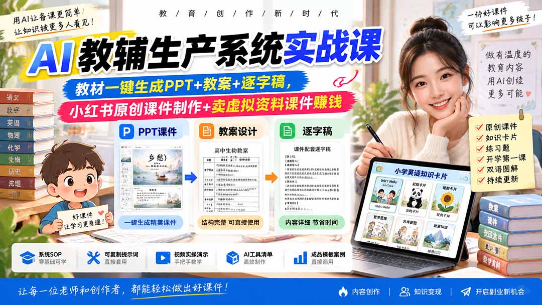 AI教辅生产系统实战课｜教材一键生成PPT+教案+逐字稿，小红书原创课件制作+卖虚拟资料课件赚钱-87副业网 - 互联网副业项目资源分享平台