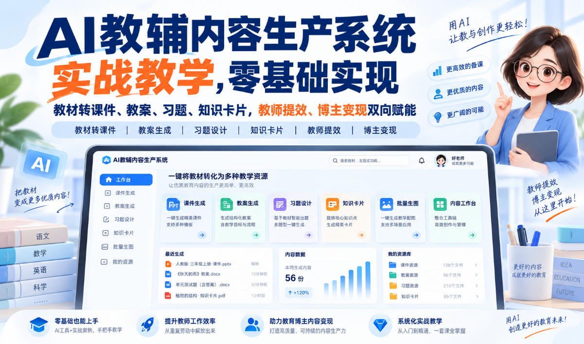AI教辅内容生产系统实战教学，零基础实现教材转课件、教案、习题、知识卡片，教师提效、博主变现双向赋能-87副业网 - 互联网副业项目资源分享平台