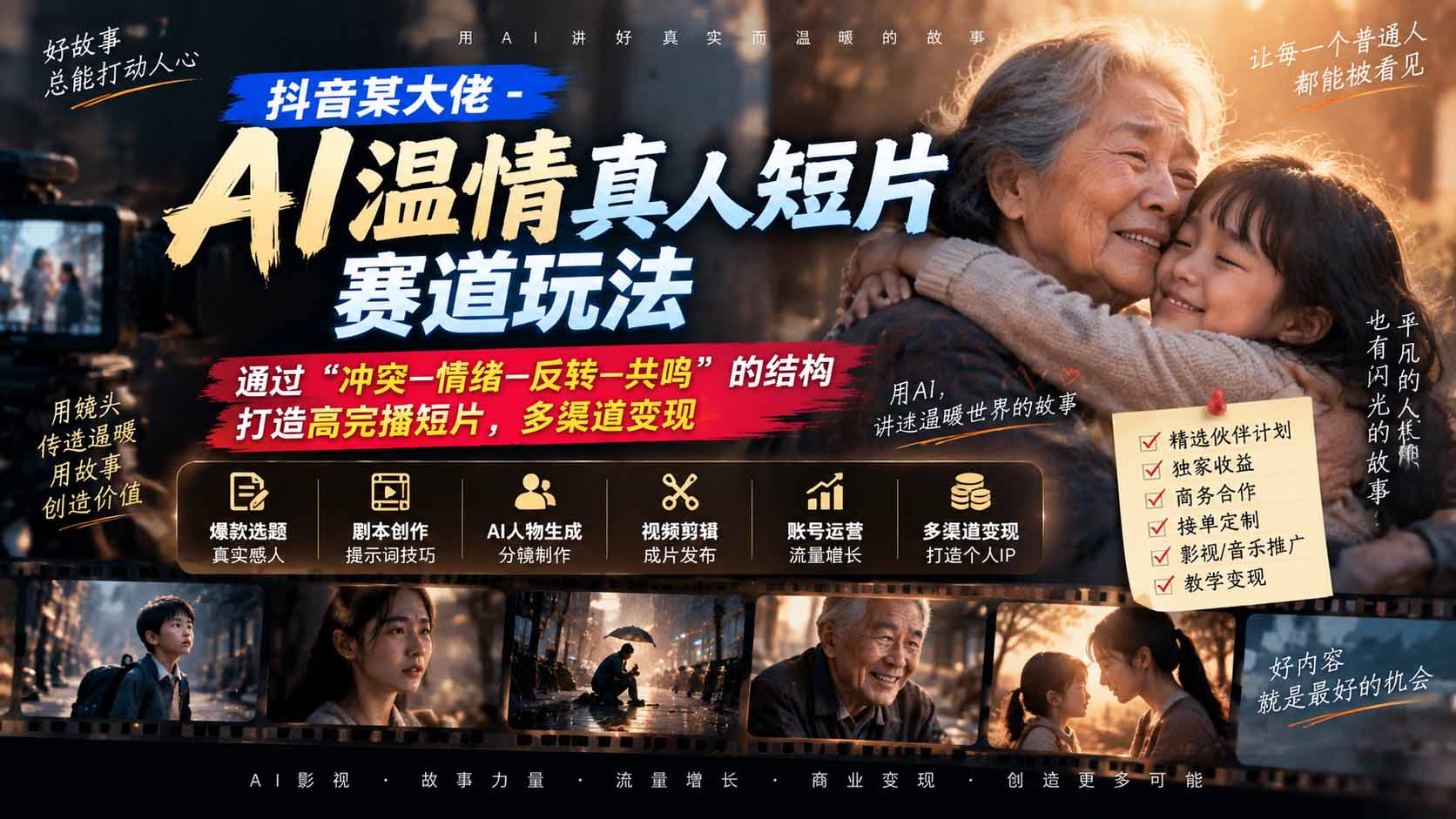 抖音某大佬-AI温情真人短片赛道玩法：通过“冲突—情绪—反转—共鸣”的结构打造高完播短片，多渠道变现-87副业网 - 互联网副业项目资源分享平台
