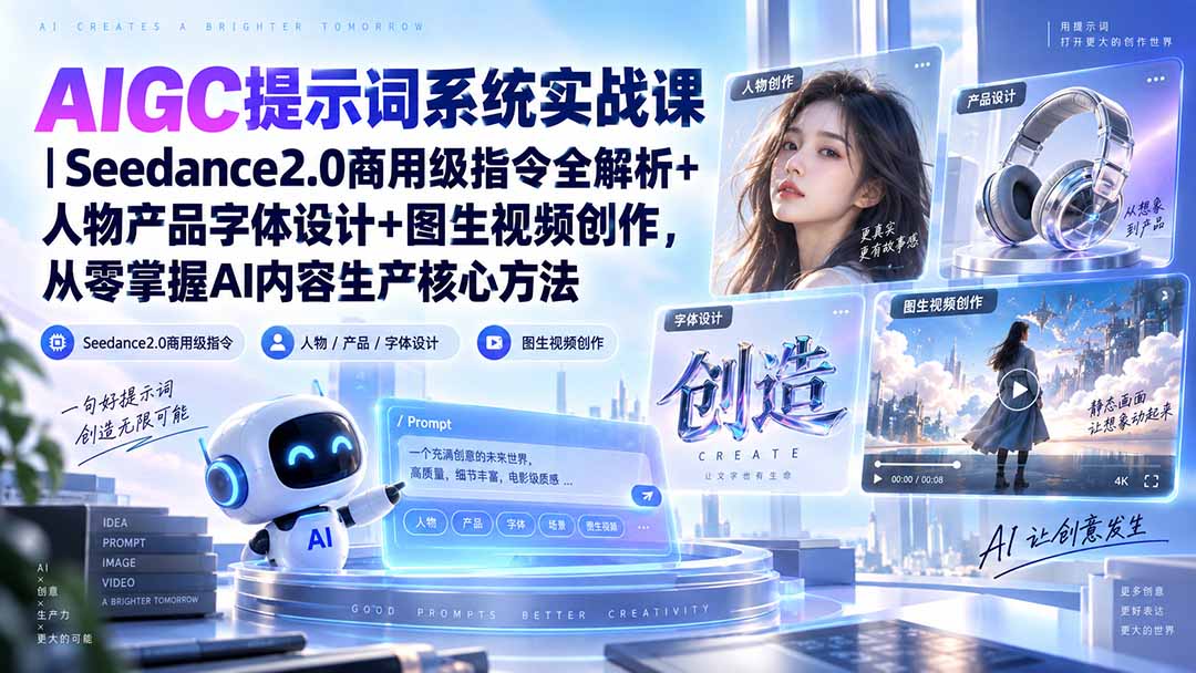 AIGC提示词系统实战课-无水印｜Seedance2.0商用级指令全解析+人物产品字体设计+图生视频创作，掌握AI内容生产方法 - 87副业网
