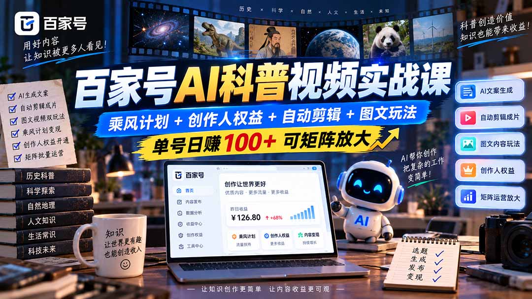 百家号AI科普视频实战课：乘风计划+创作人权益+自动剪辑+图文玩法，单号日赚100+可矩阵放大 - 87副业网