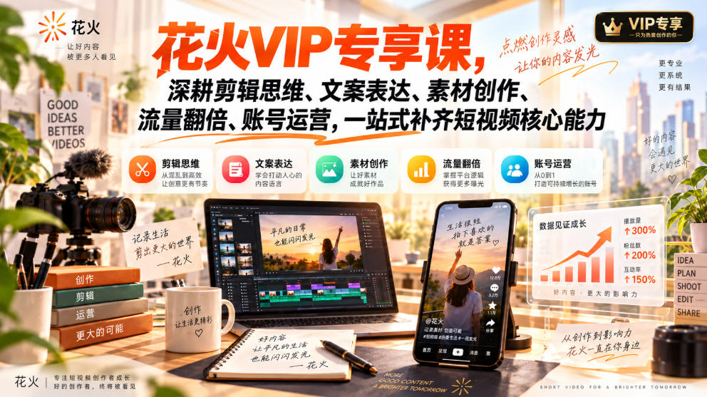 花火VIP专享课，深耕剪辑思维、文案表达、素材创作、流量翻倍、账号运营，一站式补齐短视频核心能力 - 87副业网