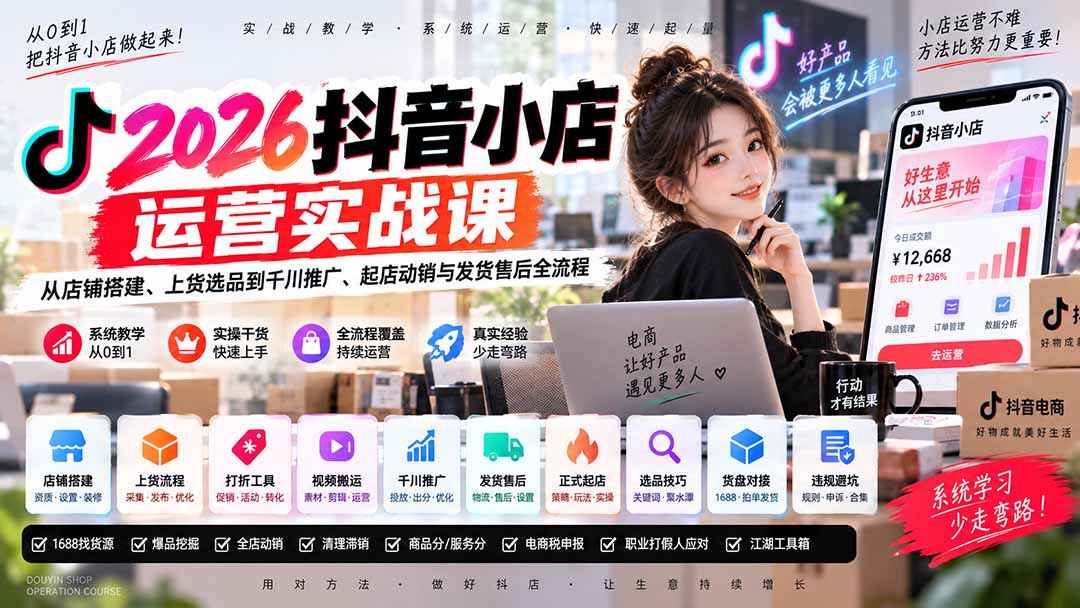 2026抖音小店运营实战课｜从店铺搭建、上货选品到千川推广、起店动销与发货售后全流程 - 87副业网