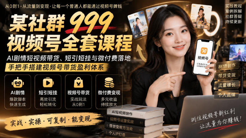 某社群999视频号全套课程，AI剧情短视频带货、短引短挂与微付费落地，手把手搭建视频号带货盈利体系 - 87副业网