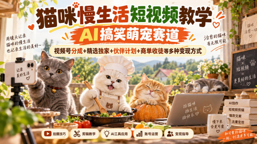 猫咪慢生活短视频教学，AI搞笑萌宠赛道，视频号分成+精选独家+伙伴计划+商单收徒等多种变现方式 - 87副业网