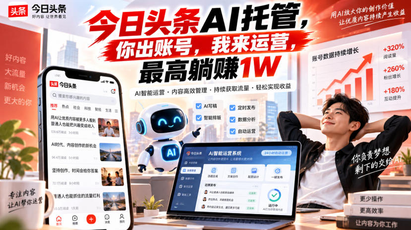 今日头条AI托管，你出账号，我来运营，最高躺賺1W【揭秘】 - 87副业网