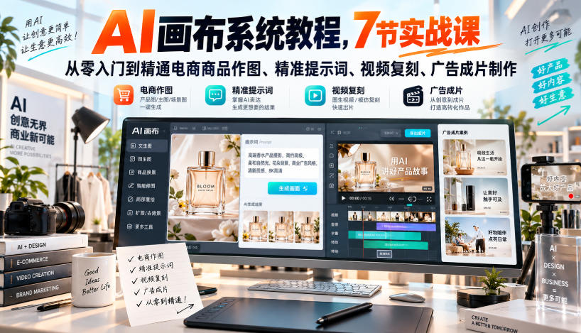 AI画布系统教程，7节实战课从零入门到精通电商商品作图、精准提示词、视频复刻、广告成片制作 - 87副业网