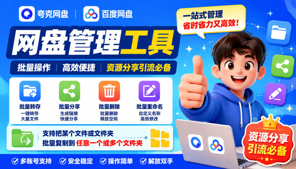 夸克网盘批量文件重命名，批量转存、批量分享、批量复制，内置AI功能 - 87副业网
