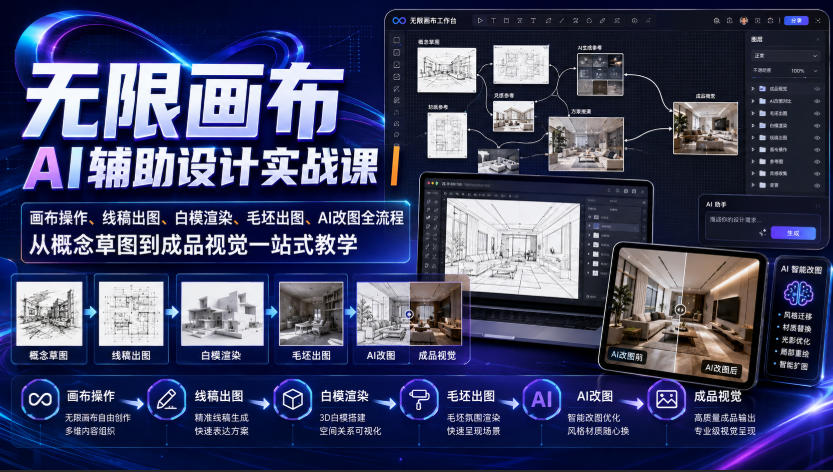 无限画布AI辅助设计实战课｜画布操作、线稿出图、白模渲染、毛坯出图、AI改图全流程，从概念草图到成品视觉一站式教学(更新0923) - 87副业网