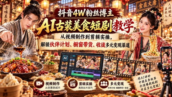 抖音4W粉丝博主AI古装美食短剧教学，从视频制作到剪辑实操，解锁伙伴计划、橱窗带货、收徒多元变现渠道 - 87副业网