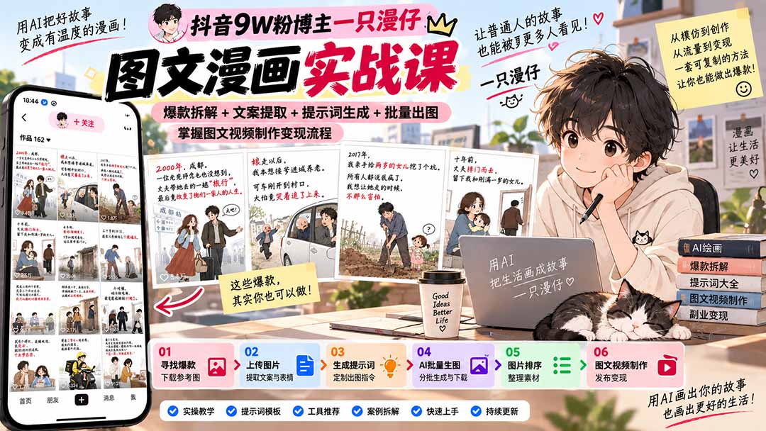 抖音9W粉博主一只漫仔图文漫画课：爆款拆解+文案提取+提示词生成+批量出图，掌握图文视频制作变现流程-87副业网 - 互联网副业项目资源分享平台