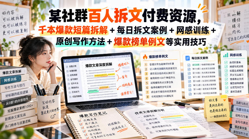 某社群百人拆文付费资源，千本爆款短篇拆解+每日拆文案例+网感训练+原创写作方法+爆款榜单例文等实用技巧(持续更新)-87副业网 - 互联网副业项目资源分享平台