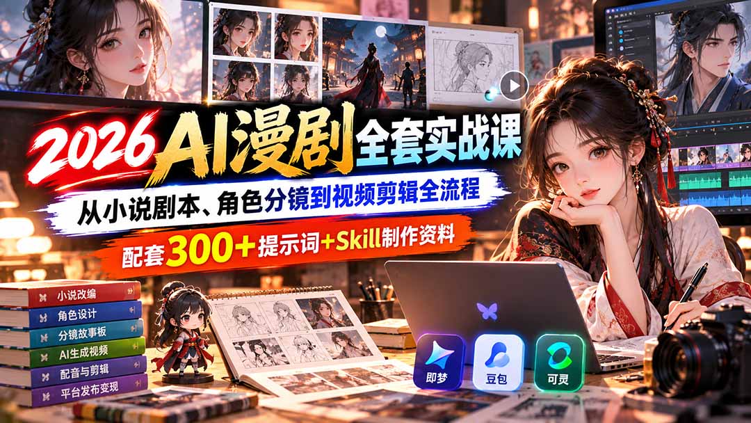 【无水印】2026AI漫剧全套实战课：从小说剧本、角色分镜到视频剪辑全流程，配套300+提示词+Skill制作资料-87副业网 - 互联网副业项目资源分享平台