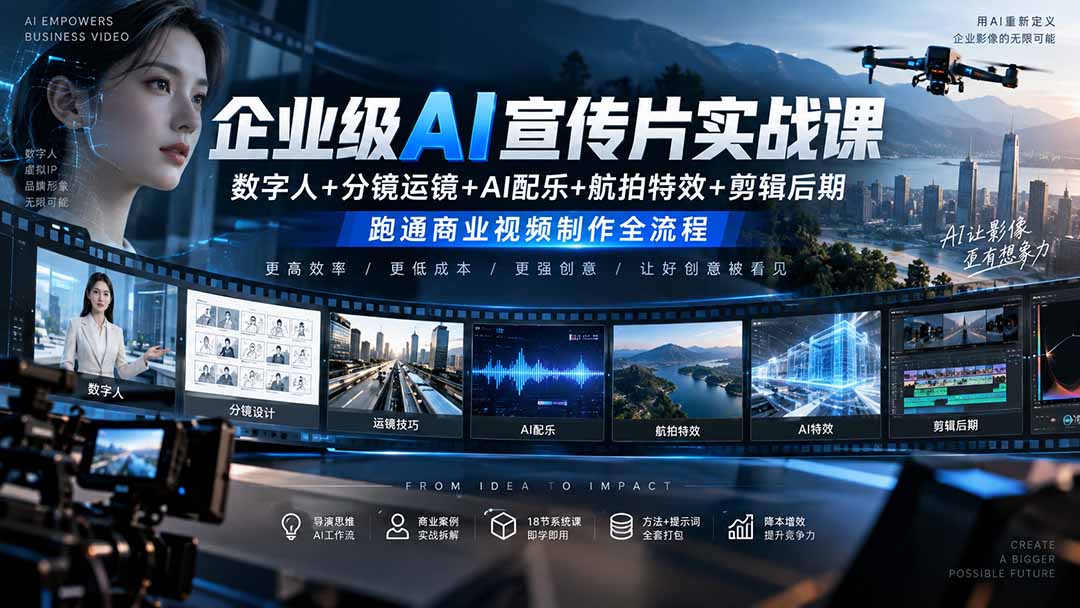 企业级AI宣传片实战课｜数字人+分镜运镜+AI配乐+航拍特效+剪辑后期，跑通商业视频制作全流程 - 87副业网