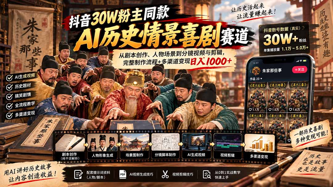 抖音30W粉博主同款AI历史情景喜剧赛道：从剧本创作、人物场景到分镜视频与剪辑，完整制作流程+多渠道变现日入1000+ - 87副业网