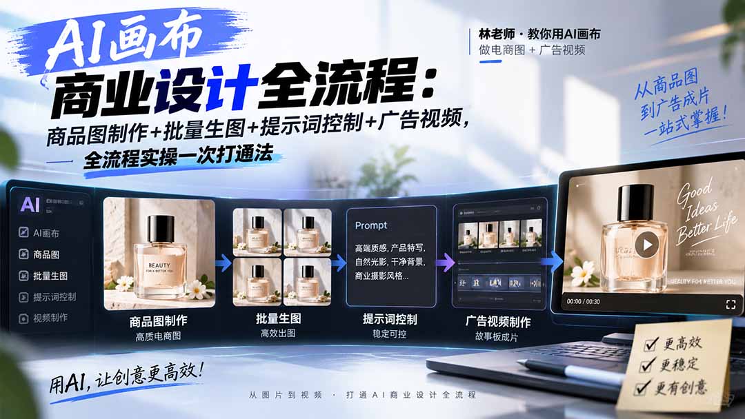 AI画布商业设计全流程：商品图制作+批量生图+提示词控制+广告视频，全流程实操一次打通法 - 87副业网