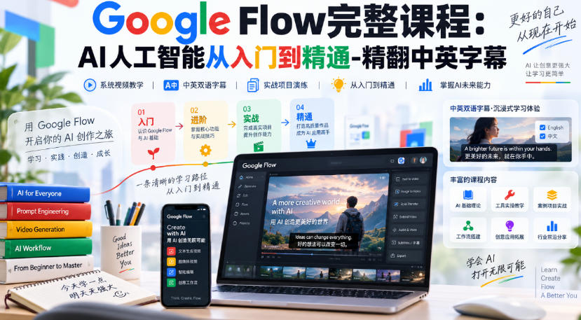 【无水印】Google Flow完整课程：AI人工智能从入门到精通-精翻中英字幕 - 87副业网