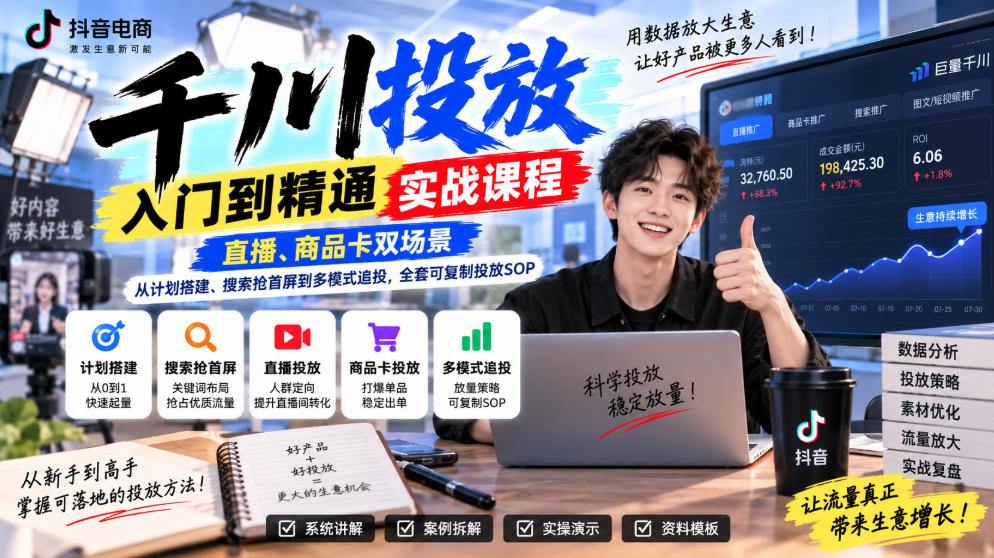 千川投放入门到精通实战课程，直播、商品卡双场景，从计划搭建、搜索抢首屏到多模式追投，全套可复制投放SOP - 87副业网