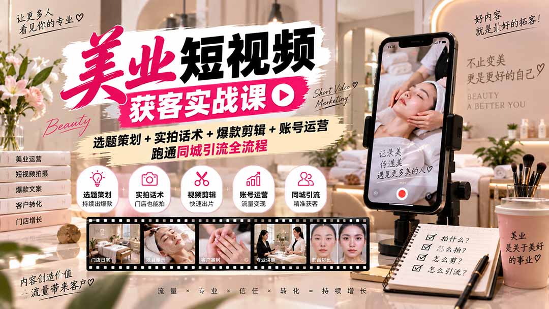 美业短视频获客实战课-无水印：选题策划+实拍话术+爆款剪辑+账号运营，跑通同城引流全流程-87副业网 - 互联网副业项目资源分享平台