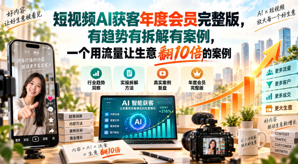 短视频AI获客年度会员完整版，有趋势有拆解有案例，一个用流量让生意翻10倍的案例 - 87副业网