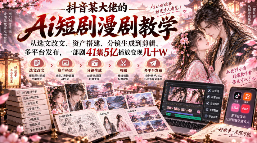 抖音某大佬的Ai短剧漫剧教学，从选文改文、资产搭建、分镜生成到剪辑、多平台发布，一部剧41集5亿播放变现几十W - 87副业网