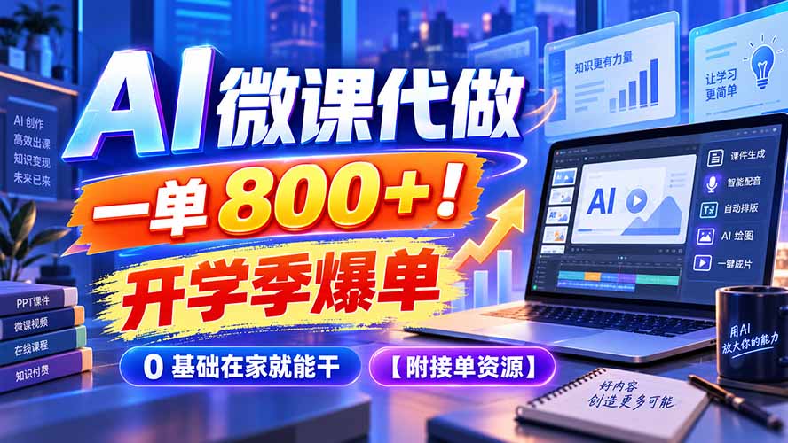AI 微课代做，一单 800+！开学季爆单，0 基础在家就能干【附接单资源】 - 87副业网