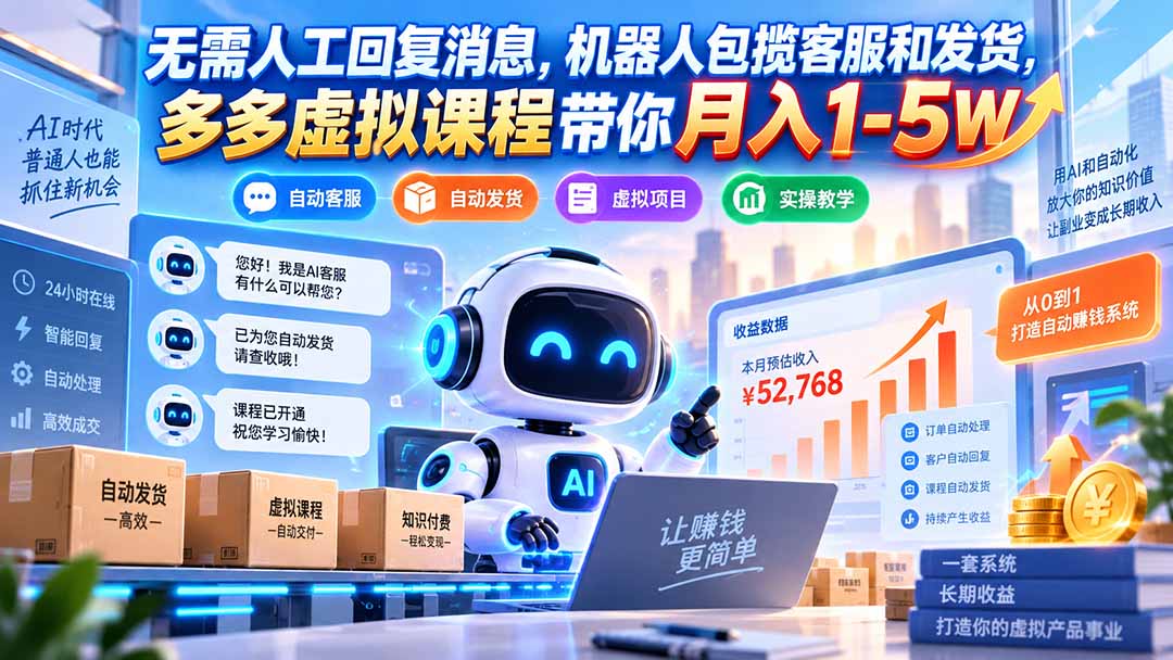 无需人工回复消息，机器人包揽客服和发货，多多虚拟课程带你月入1-5W-87副业网 - 互联网副业项目资源分享平台